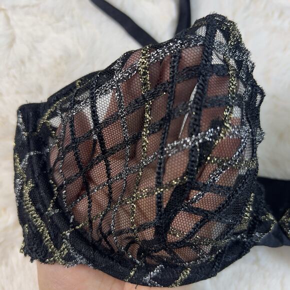 Victoria's Secret Dark Black Mesh Lace Shimmery Demi Bra 32B Gold Detail NWT - Picture 7 of 7